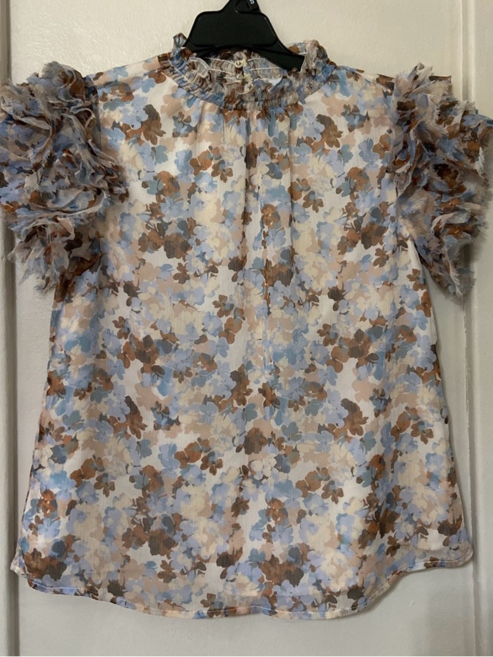 Sugarlips Ruffle Sleeve Floral Blouse in Blue and Brown